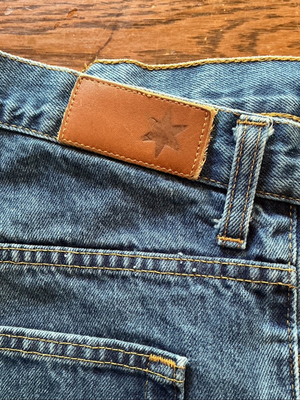 Arbor Men's Straight Jeans in Blue with Brown Patch